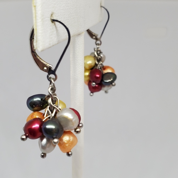 Multi Color Pearl Cluster Sterling Silver Earrings - Picture 3 of 5